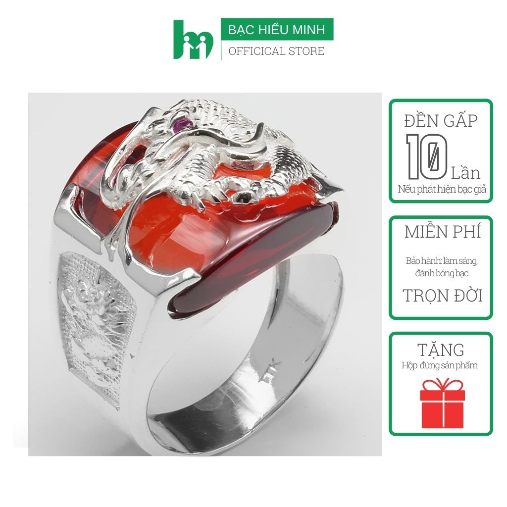 Nhẫn Nam Bạc Chuẩn 925 Rồng Ngậm Ngọc Đỏ Đá Nhân Tạo Cao Cấp Bạc Hiểu Minh NA554R