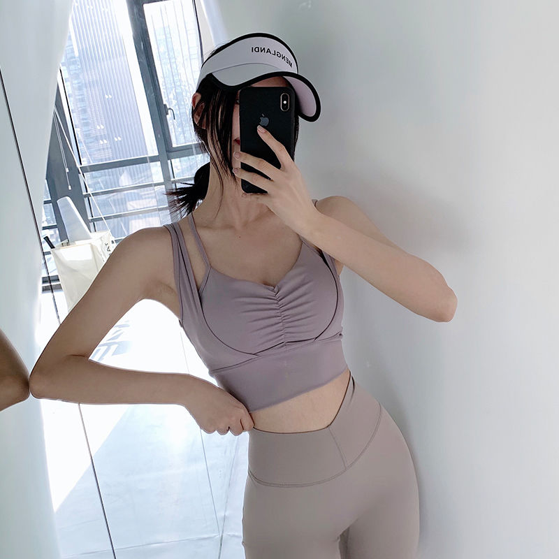 New Double-Shoulder Strap Sports Underwear Women's Beauty Back Front Shrink  Wrinkle Vest Running Shockproof Sexy Yoga Workout