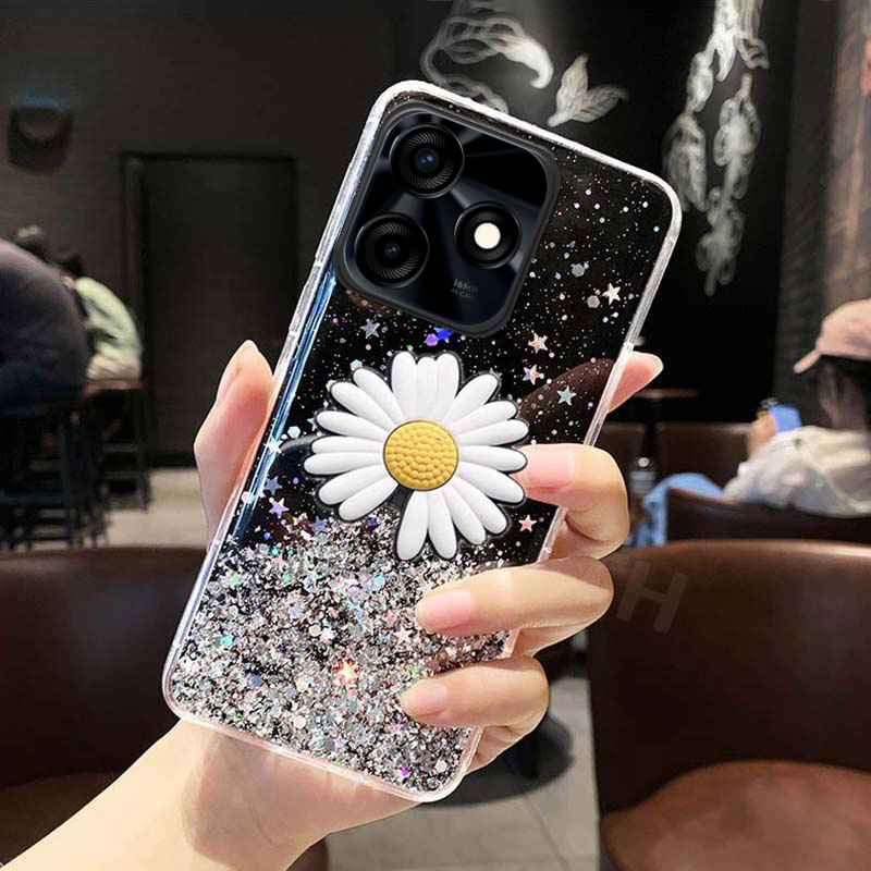 Phone Cover infinix Smart 8 Pro 8 Plus 7 Case Glitter Bling Soft Stars Moon Sequins Chrysanthemum Flowers Folding Bracket Transparent Silicone Cover For infinix Smart 8Plus 8Pro smart 7 Cases. 