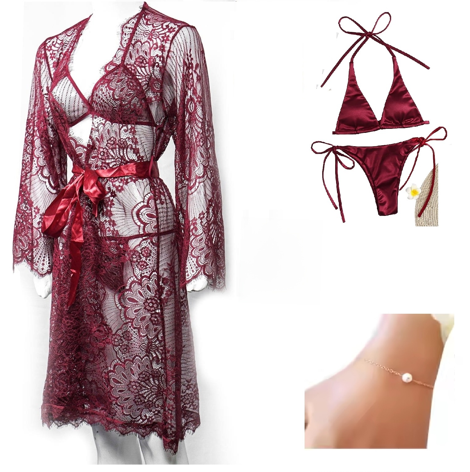 Pack of 04 - High Qaulity Lace Net See Through Bridal Nighty Set Pratiharye Valentine Special! Babydoll Nightwear Net Robe/Chemise with Bikini Set | Hot & Saxy | for Honeymoon/First Night Anniversary for Women/Girls Best gift with Amazing band..