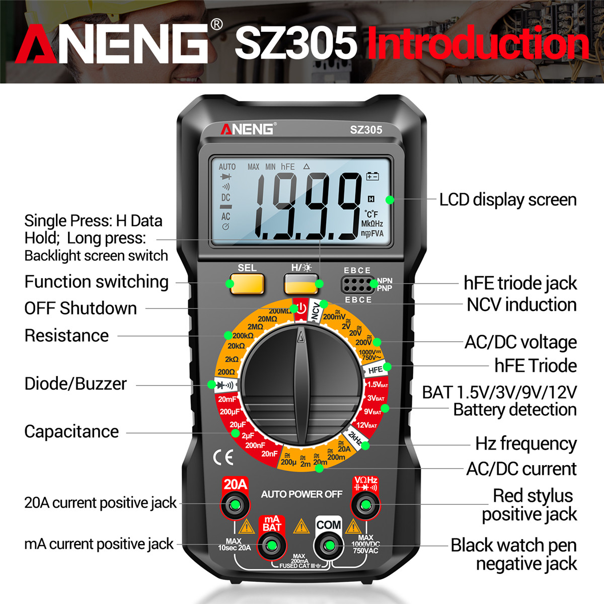 Aneng sz305 đa năng kế kỹ thuật số tự động phạm vi 750V 10A Thông Minh vạn năng DC/vôn kế xoay chiều Ampe kế 1999 đếm/NCV không tiếp xúc/hFE/kháng/phát hiện liên tục/Còi/Vỏ bảo vệ chống rơi Silicon/đa năng kế kỹ thuật số thông minh