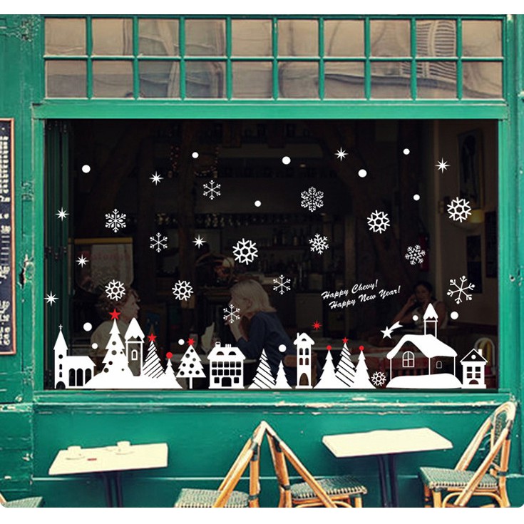 Decal trang trí noel thành phố tuyết trắng