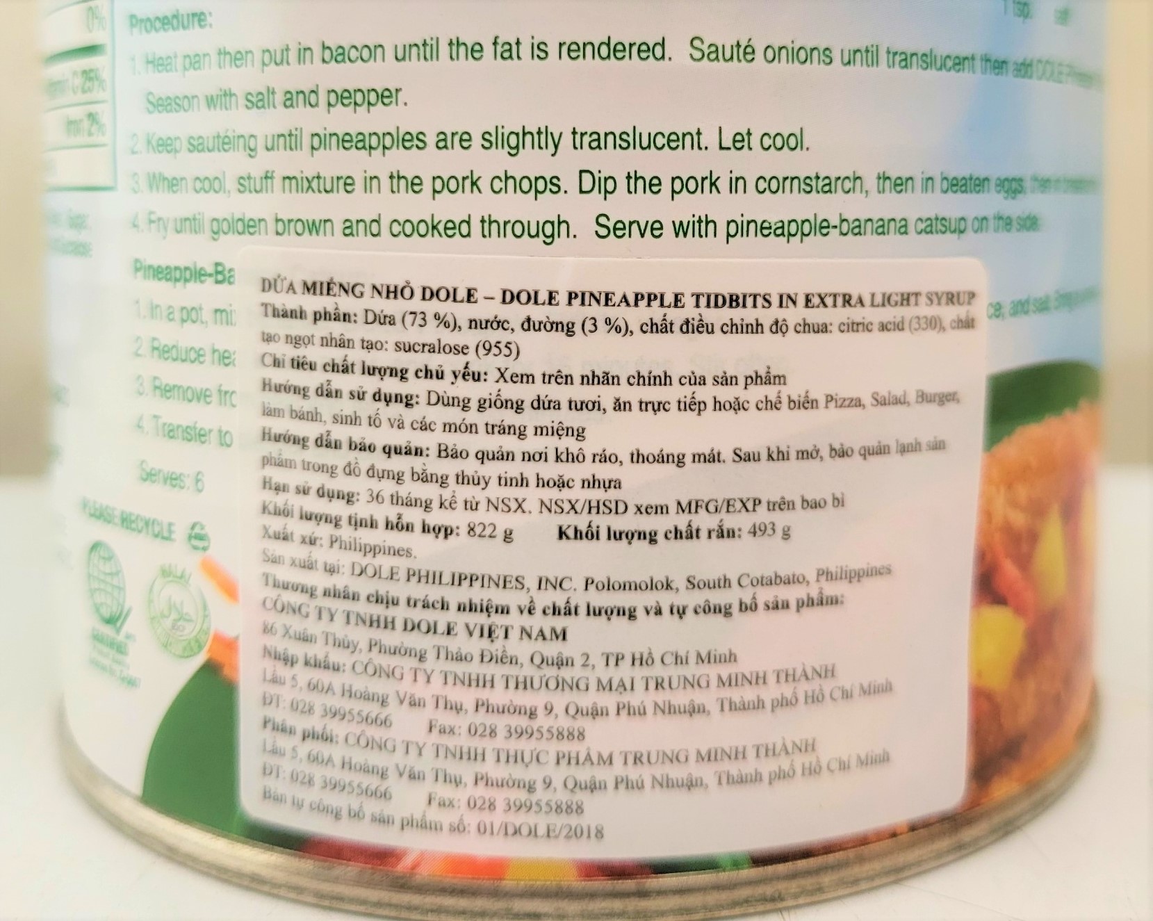 [Hộp 822g – MIẾNG NHỎ] DỨA TƯƠI NGÂM SI RÔ [Philippines] DOLE Pineapple Tidbits in Extra Light Syrup (halal)