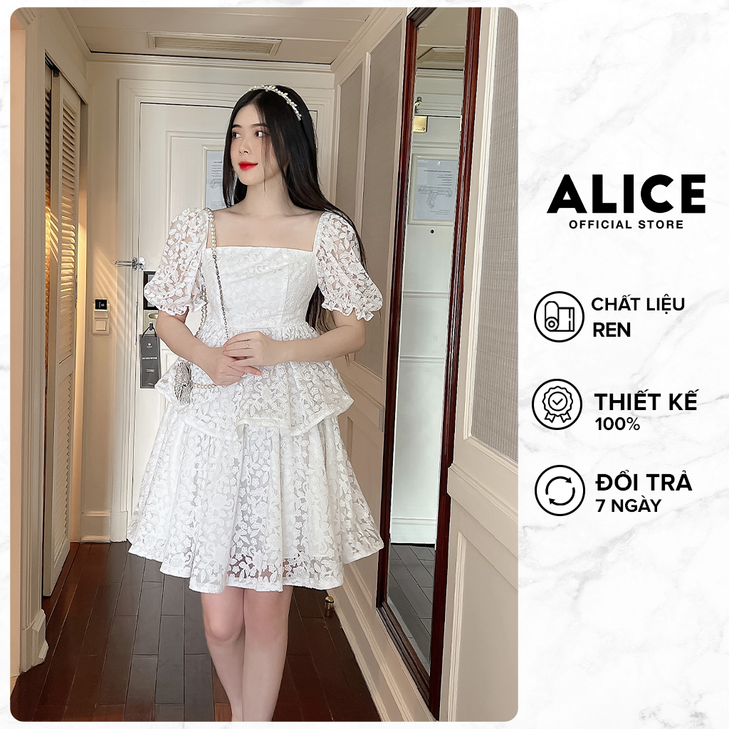 Váy Ren Babydoll Cao Cấp ALICE Chất Liệu Ren Lót Lụa, Thiết Kế Cổ Vuông Tay Phồng Dáng Xòe 2 Tầng V807