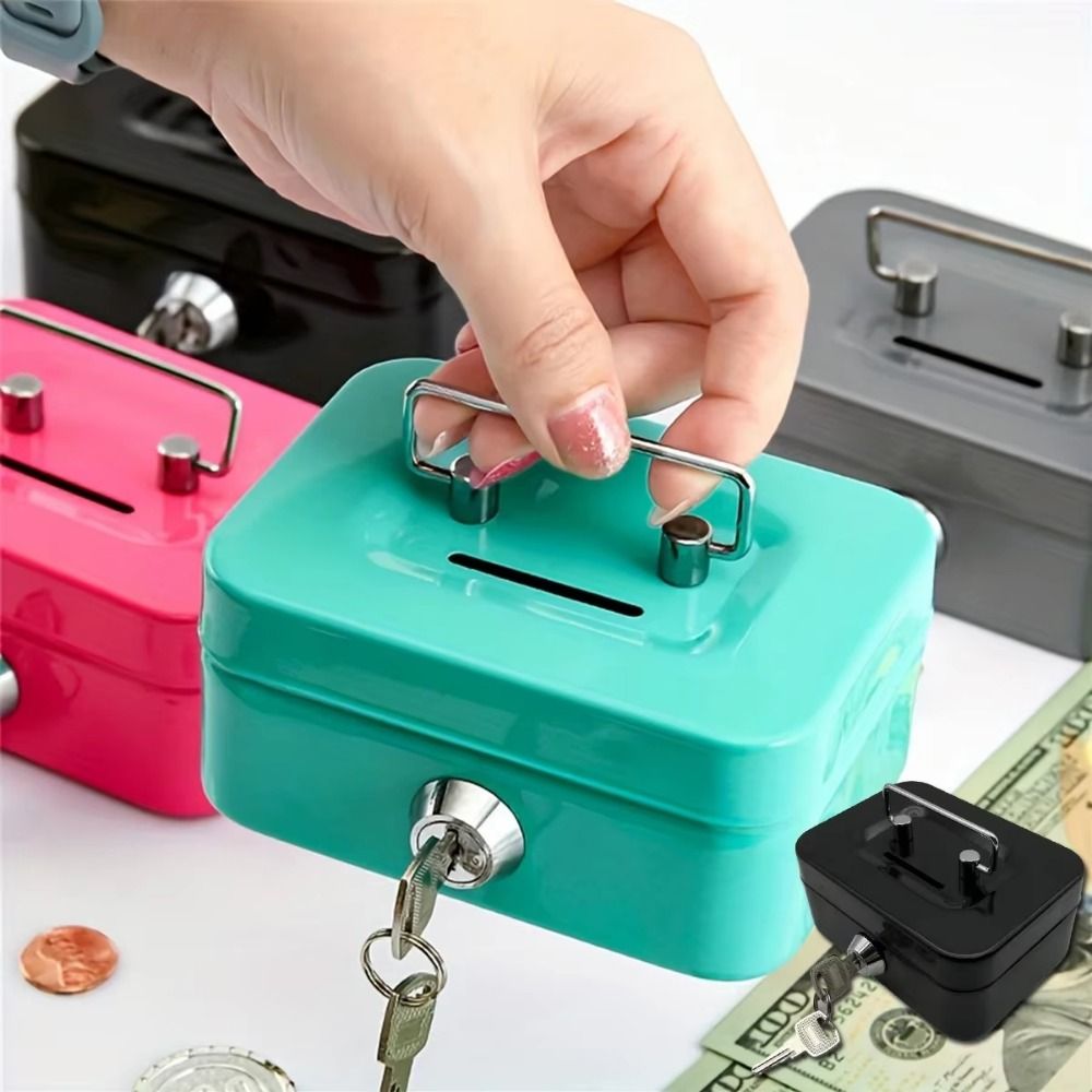 Creative Mini Lockable Cash Box Metal with Key Lock Box Sturdy Construction with Handle Money Safe Case Home Use. 