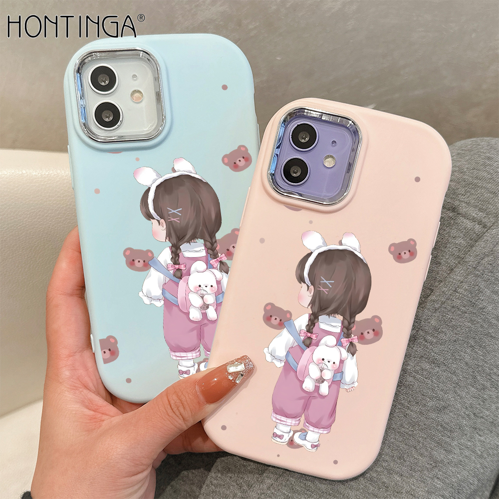Hontinga for iPhone 15 11 13 14 12 Pro Max 6 6S Plus XR 8 7 Plus XS X Max SE 2020 Back Cover Luxury Silver Edge Lens Mobile Cover Little Girl Back Shadow Pattern Soft Silicone Phone Case