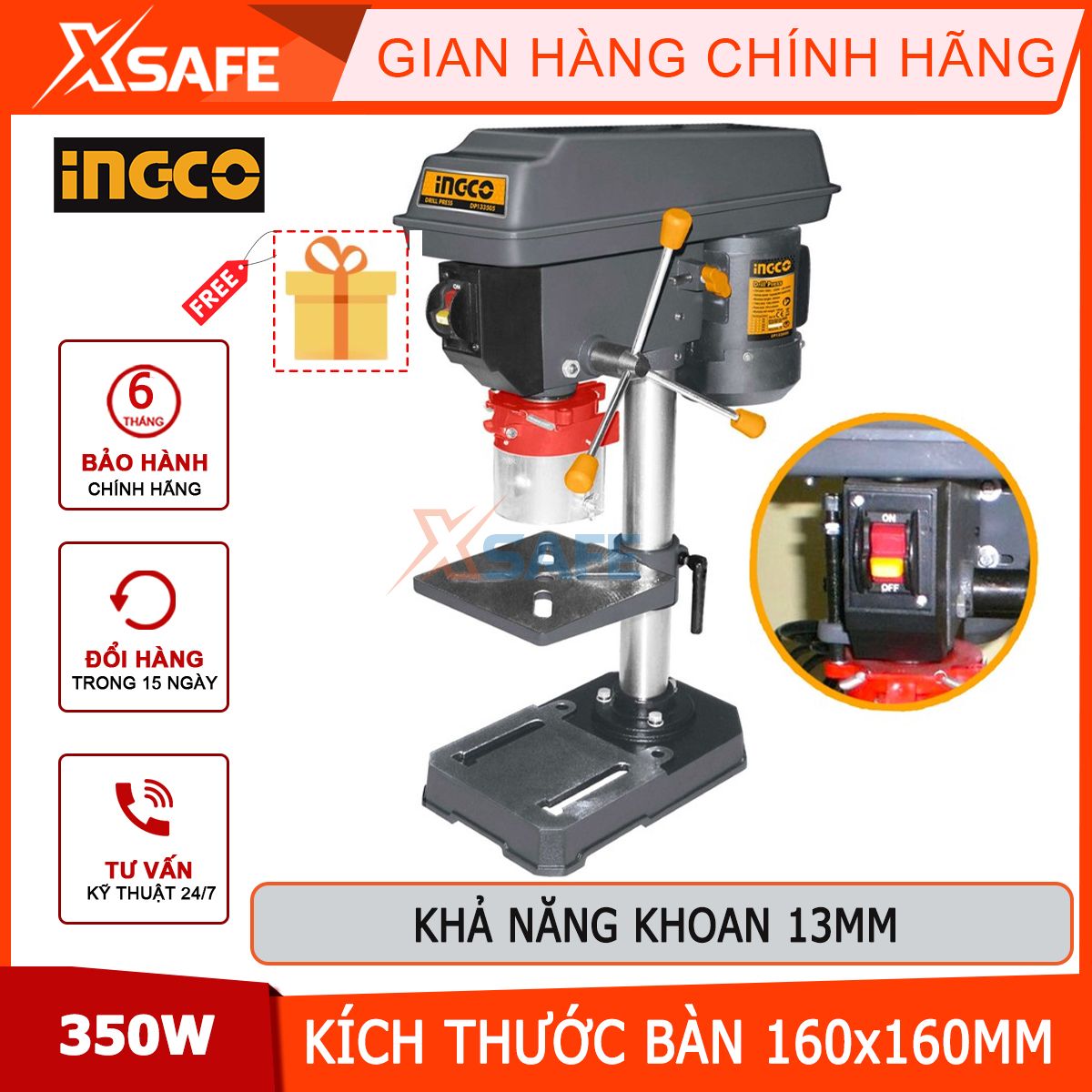 Drill machine working table 350W ingco DP133505 ability to adjust the table drill, drill a maximum of 13mm, number of speed 5, tube diameter cylindrical 46mm, height 590mm, size Table drill 160183mm-[xsafe