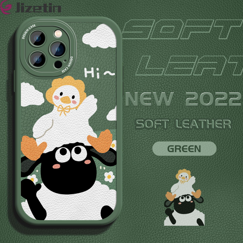 Jizetin Casing For iPhone 15 15 Pro 15 Plus 15 Pro Max Slim Skin Feeling Shaun the Sheep Cartoon Shaun Leather Back Casing Soft Silicone PU Leather Cover Phone Case