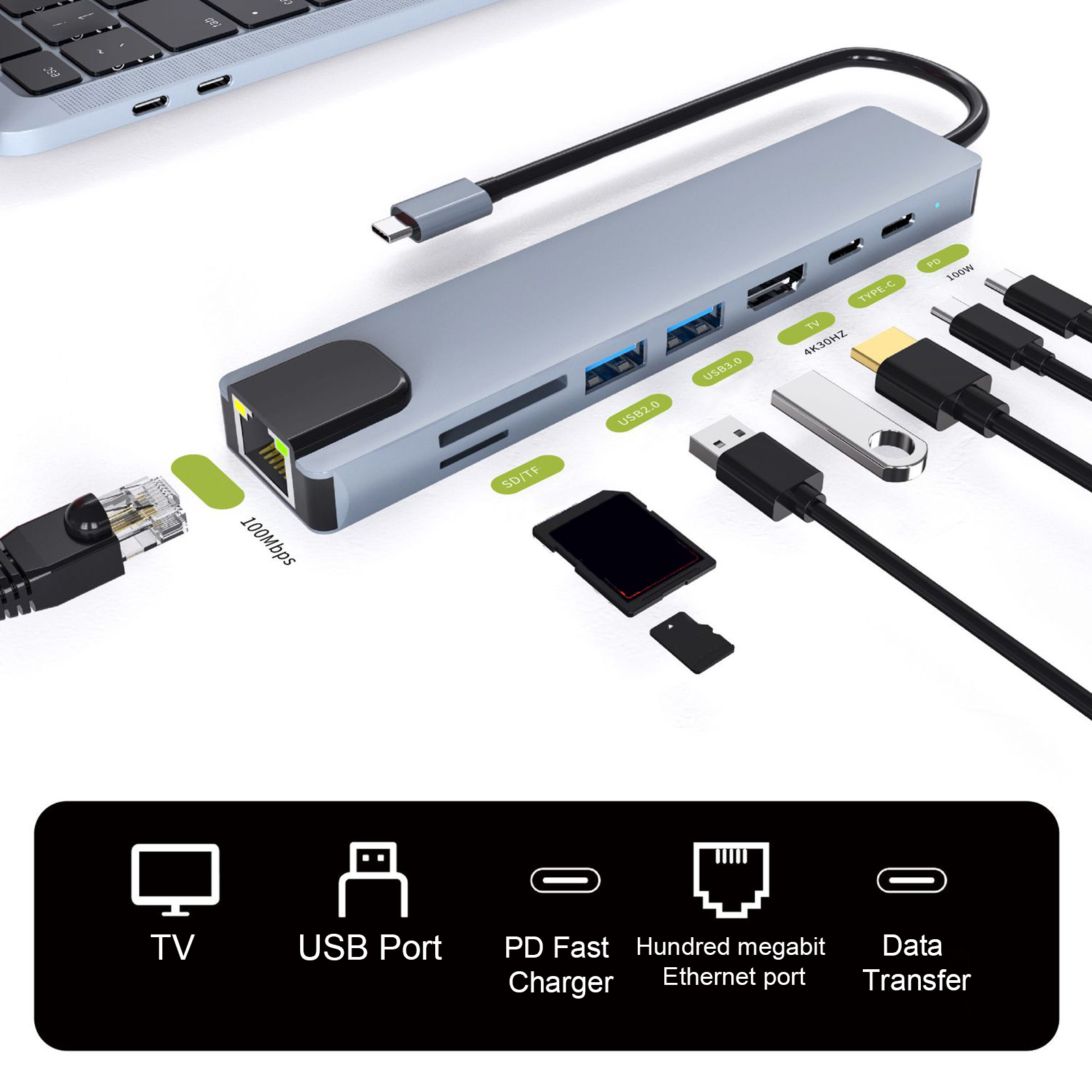 Anxinshui Docking Hub Ethernet Adapter 8-in-1 Usb Type-c Docking Station with Ethernet Card Reader High-speed Data Transfer Hub less Than