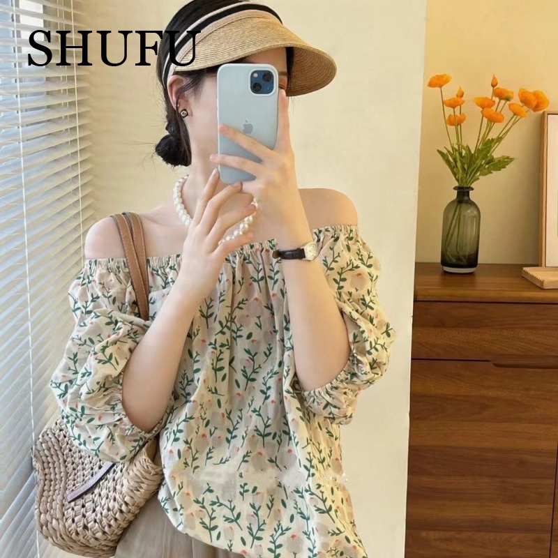 SHUFU 2000 Ready Stock korean style off shoulder tops plain cotton floral top plus size short sleeve blouse for women
