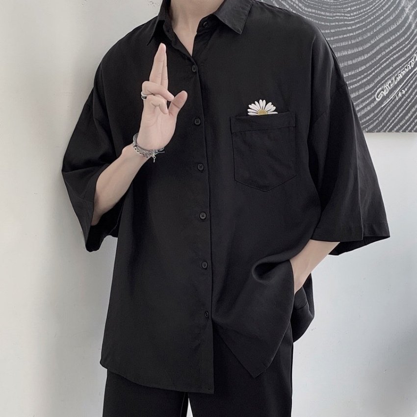 Áo Sơ Mi Nam Nữ Form Rộng Kiểu Hàn Thêu Họa Tiết Hoa Cúc