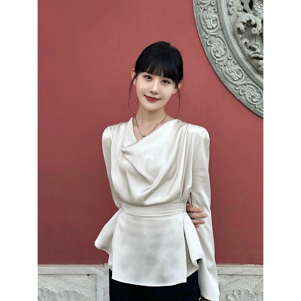 Áo Lụa Cổ Trễ, Áo Sơmi Lụa Cổ Đổ Dài Tay Buôc Dây Eo Phong Cách Hàn Quốc