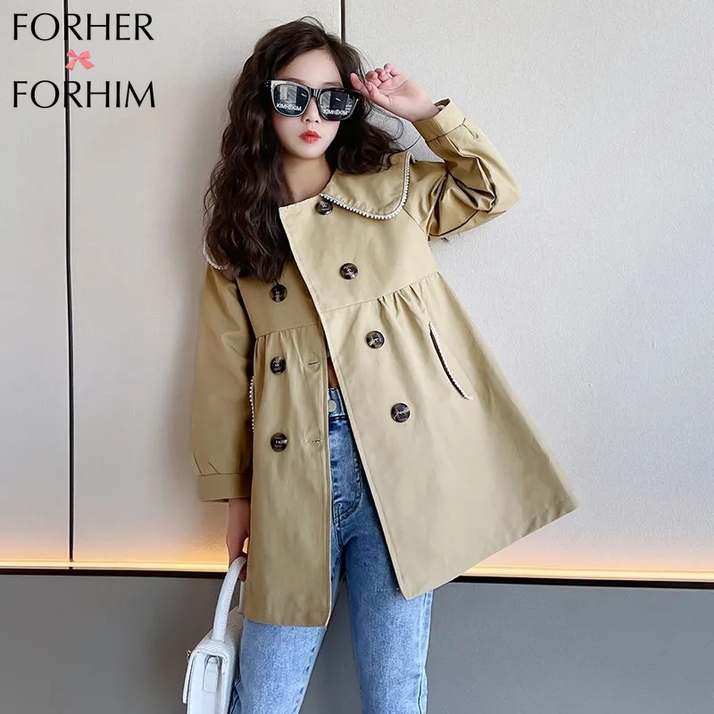 Forherforhim girls' trench coat girls' doll collar coat children's long coat fh4083