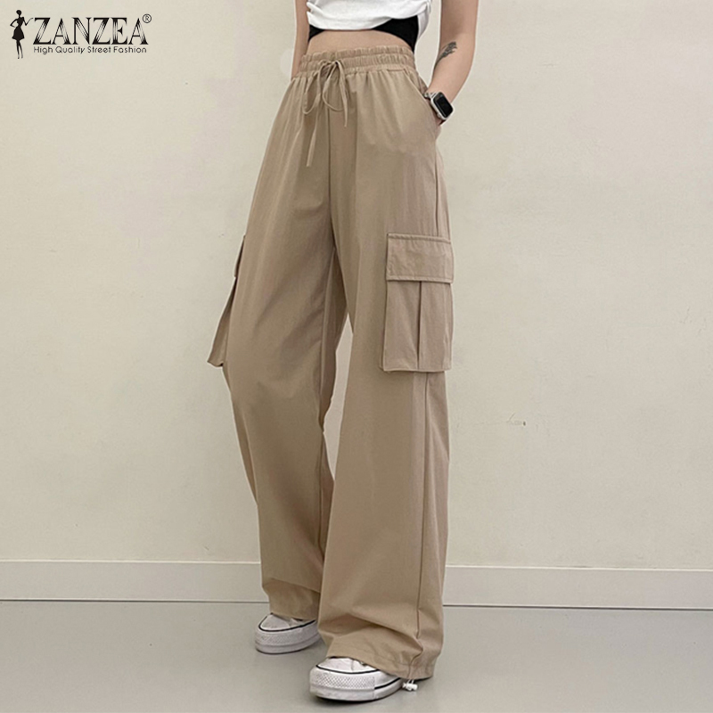 ZANZEA Korean Style Women Fashion Cargo Long Pants Elastic High