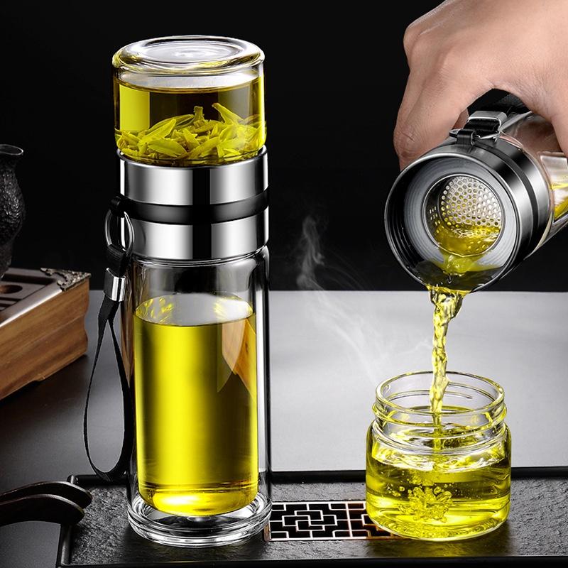 Bình thủy tinh pha trà 2 lớp cách nhiệt 350ml - cốc pha trà có lọc trà inox 304 và quai xách