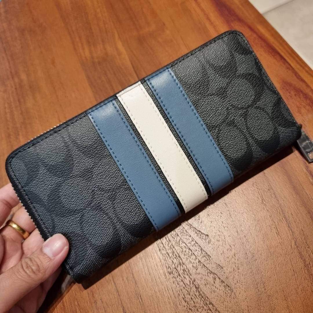 Original F26070 Coach Men's Round Zip Long Wallet With Stripe Black