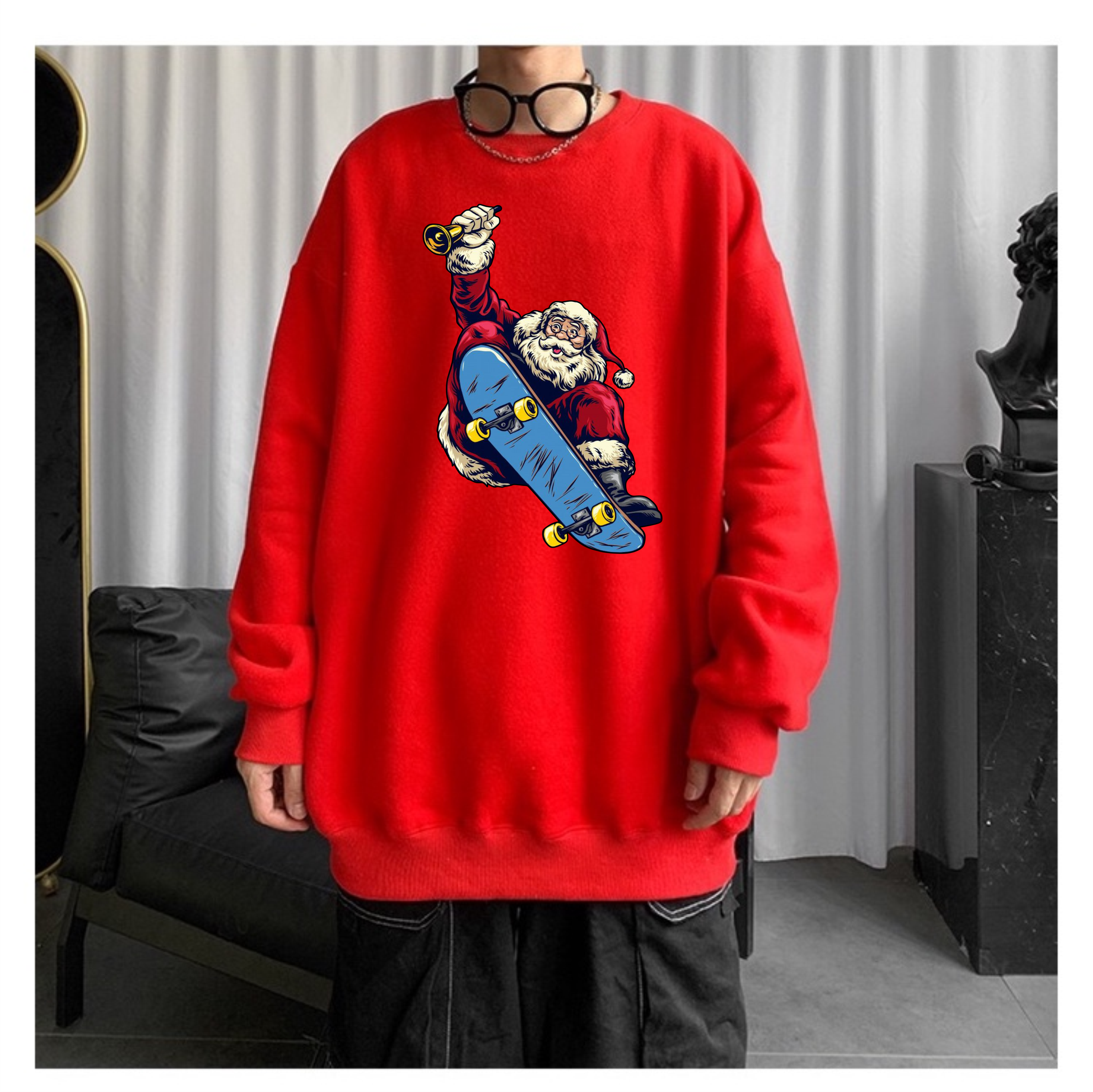 Áo sweater unisex ông già noel trượt ván
