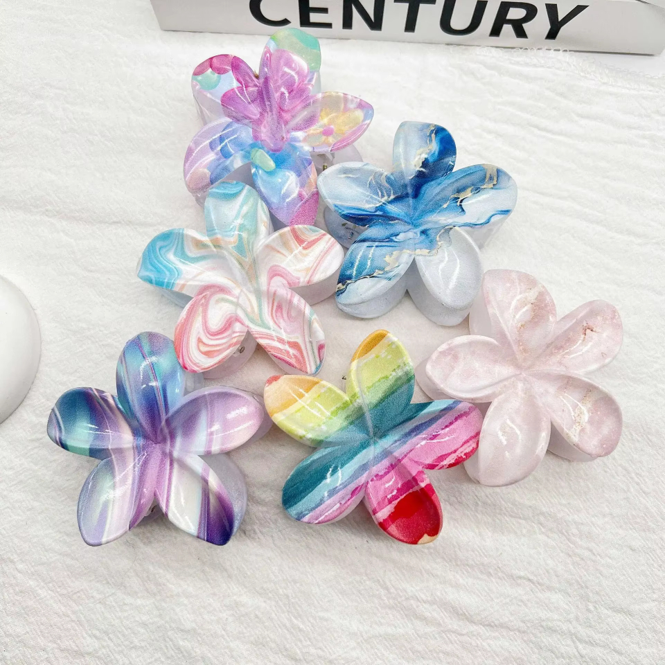 New Candy Colourful Gradient Striped Plumeria Hair Grab Dopamine Sweet Girl Back Of Head Shark Clip Hairpin Korean Fashion Gradual Change Smudged Coloured Flower Grab Girl Hair Clip Creative Marble Acrylic Headwear Girl Large Eggs Flower Headdress.