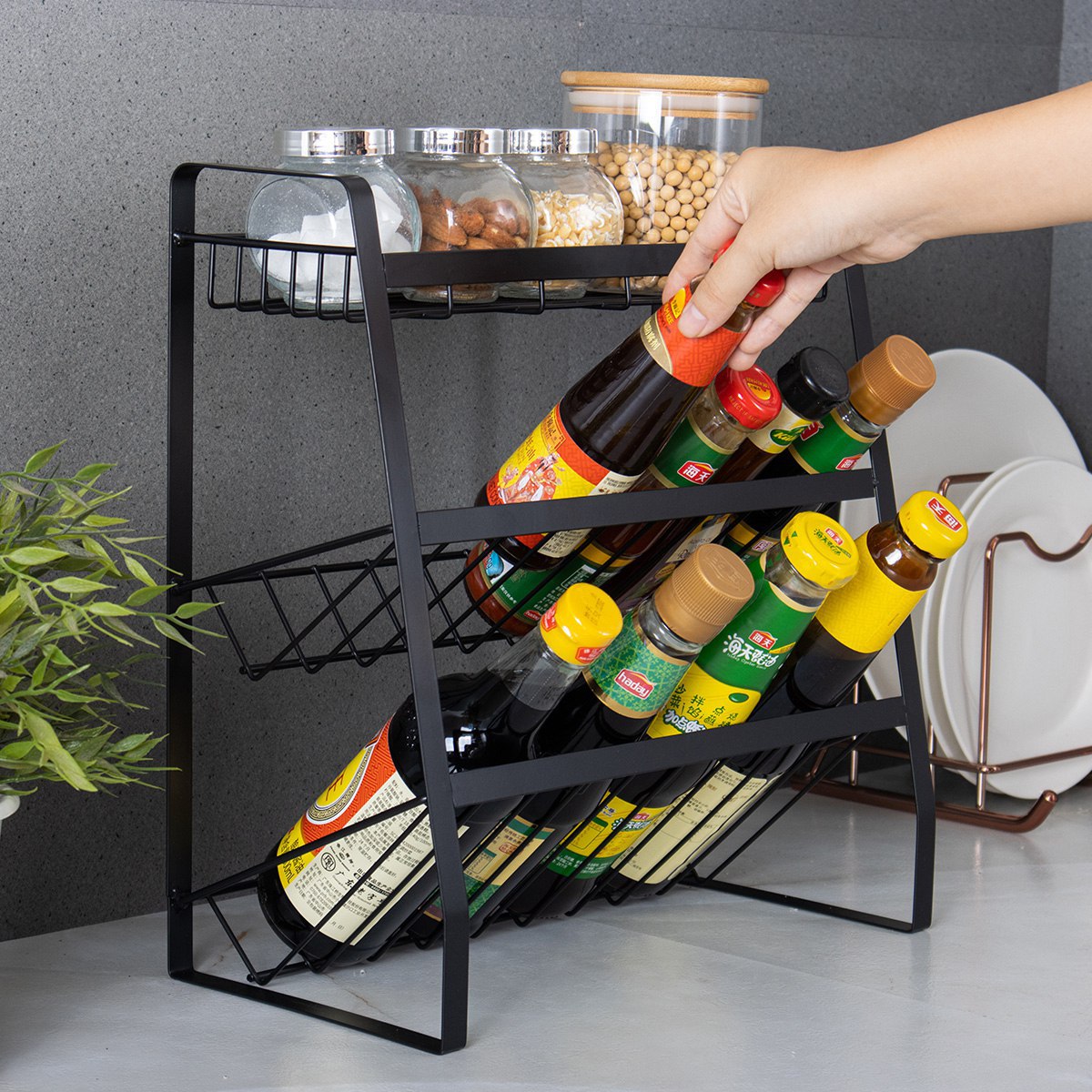 Kitchen storage rack, tabletop, iron art, multi-layer seasoning rack, multifunctional seasoning bottle, layered storage rack solid Metal