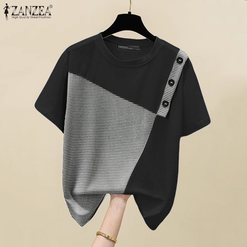 ZANZEA%20Women%20Summer%20Fake%20Two%20Pieces%20Plaid%20Patchwork%20Blouses%20Short%20Sleeve%20Crew%20Neck%20Daily%20Top%20#0804%20-%20Image%203