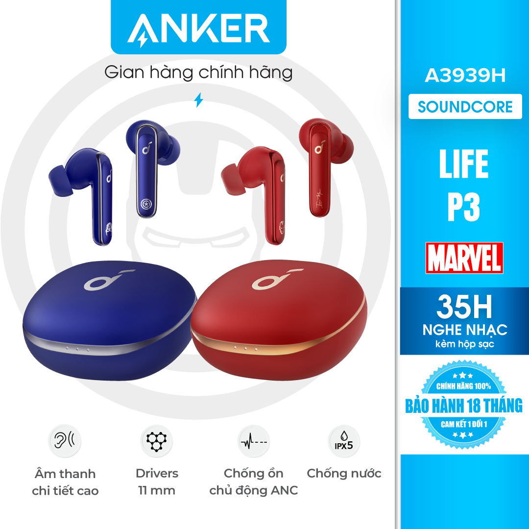Tai nghe không dây SOUNDCORE (by Anker) Life P3 Marvel Edition, chống ồn chủ động ANC, chống nước IPX5, thời gian dùng 35 giờ, sạc nhanh 10p nghe 2 tiếng, 6 micro thu âm hỗ trợ giảm nhiễu ồn môi trường - A39