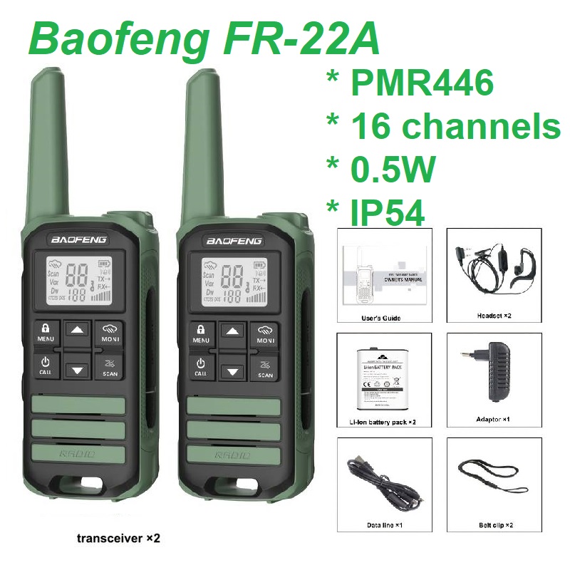 Singapore ready stock, 2023 model, 2pcs Baofeng FR-22A Mini Walkie Talkie  PMR446 0.5W 16 channels USB-C type charging port Portable LCD Display Two-way  Radio Support Type-C Charger Rechargeable battery IP54 Splash proof