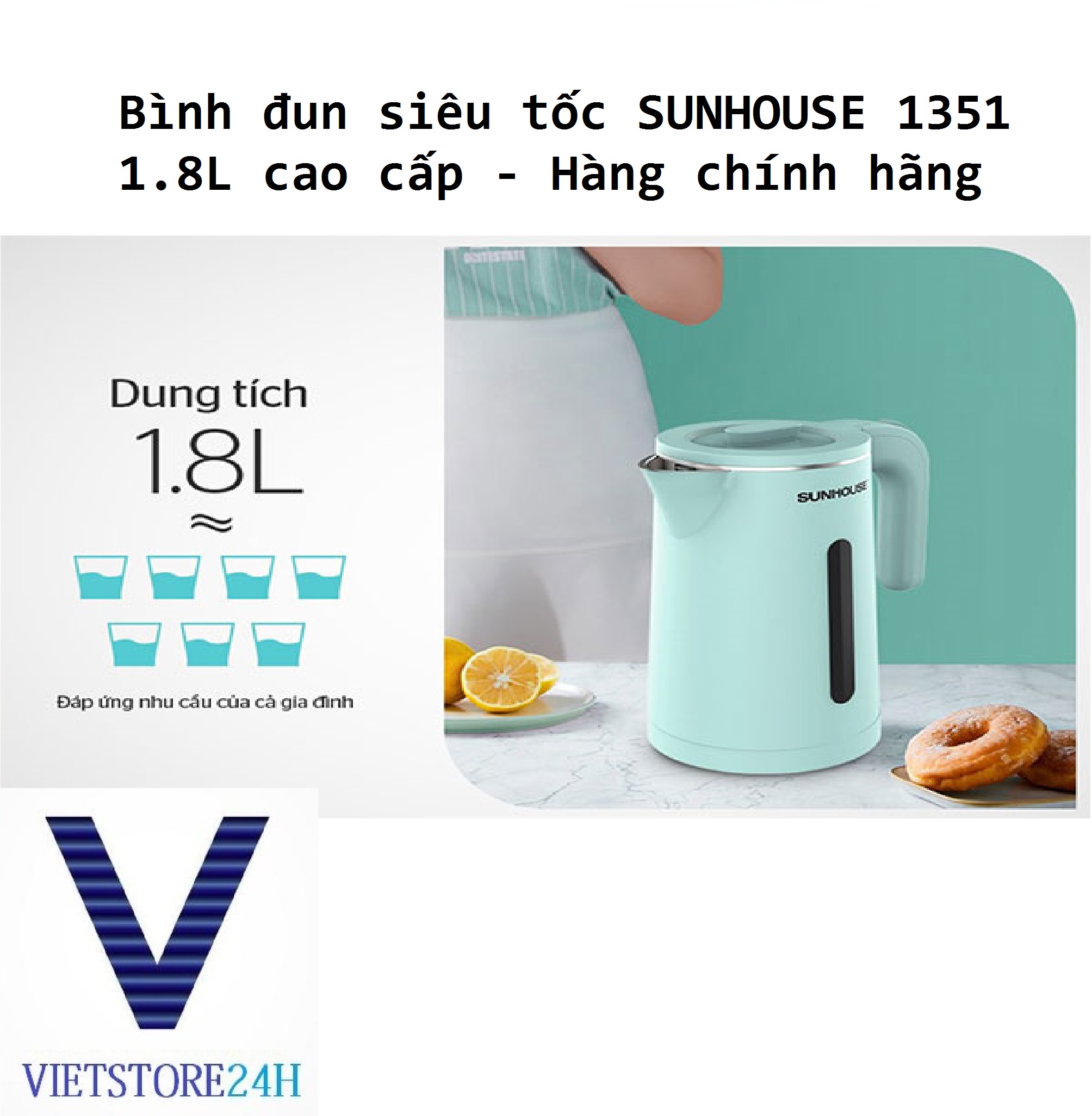 Bình đun siêu tốc SUNHOUSE 1351 1.8L cao cấp