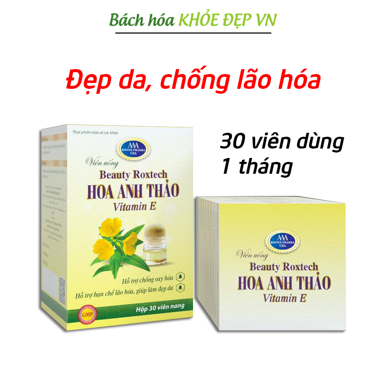 Viên uống dầu hoa anh thảo 1000mg dầu hoa hồng vitamin E giúp đẹp da chống lão hóa da - Chai 30 viên dùng 1 tháng