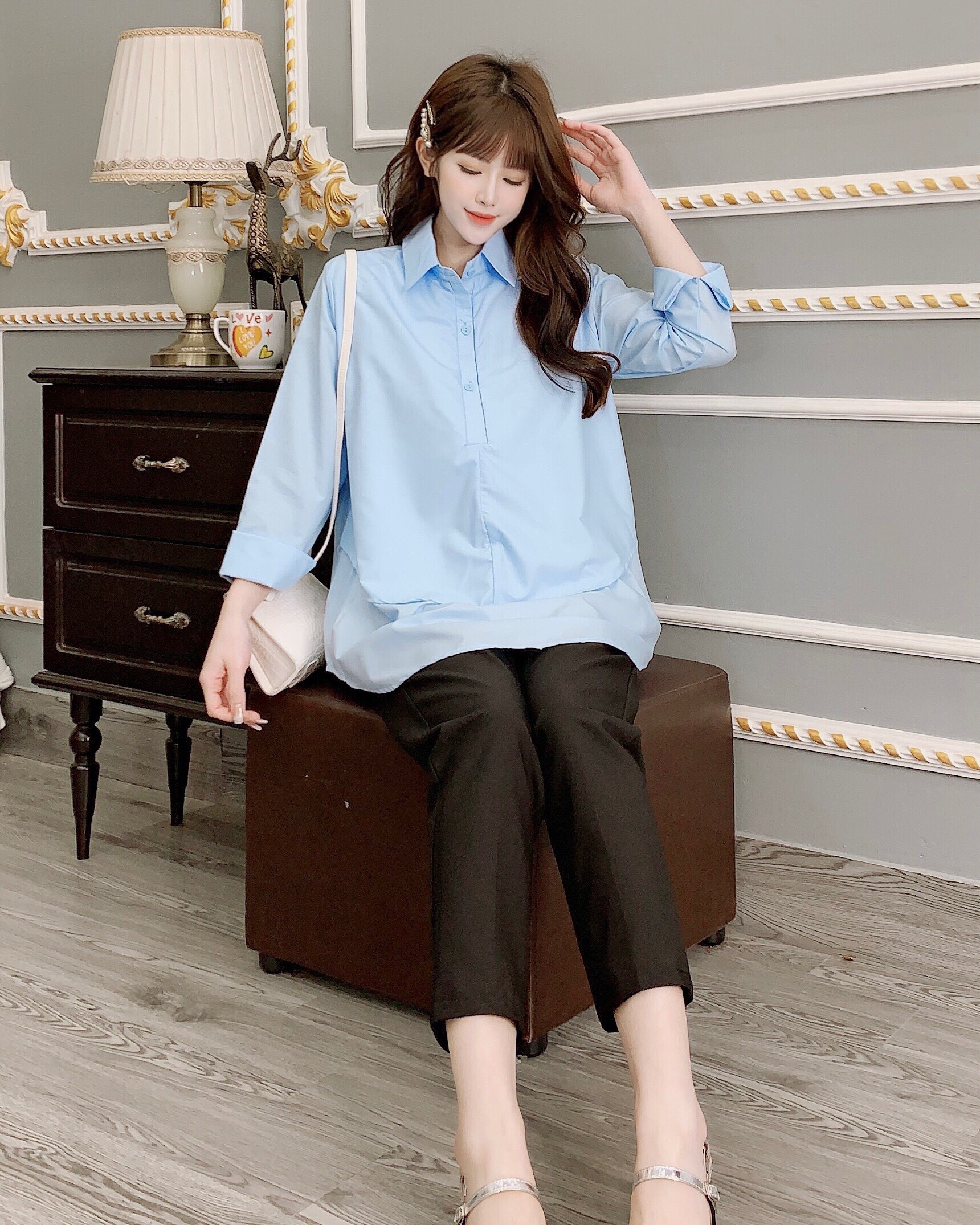 Áo bầu sơ mi công sở dài taychất đũi