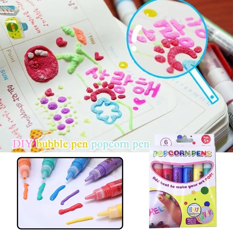 6Pcs 3D Art Puffy Pen Magic Popcorn Pens Puffy for Greeting Birthday Cards  Kids