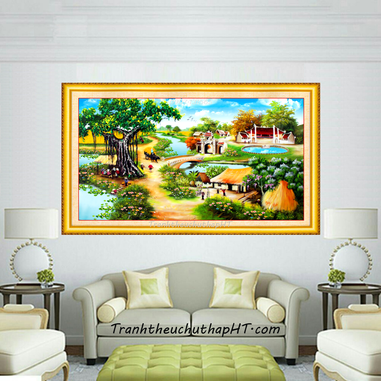 Tranh thêu chữ thập Phong cảnh làng quê LV3310, cây đa đầu làng - tự thêu