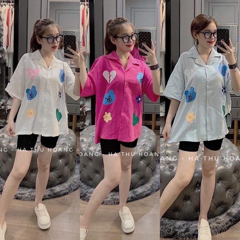 Set Bộ Đồ Nữ Áo Sơ Mi Tim Phối Quần Legging Co Giãn