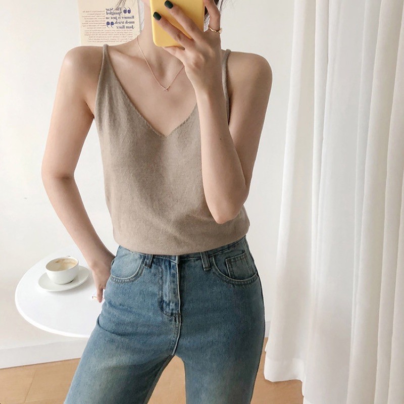 Áo 2 dây cổ tim len lông cừu siêu mềm