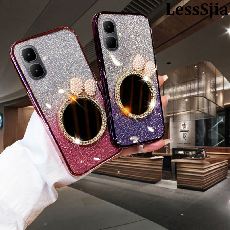 New Phone Cover infinix Smart 10Plus Back case with Bow Makeup Mirror Luxury Shiny Gradient Clear Plating Glitter Girls Slim For infinix Smart 10+ Phone cases.