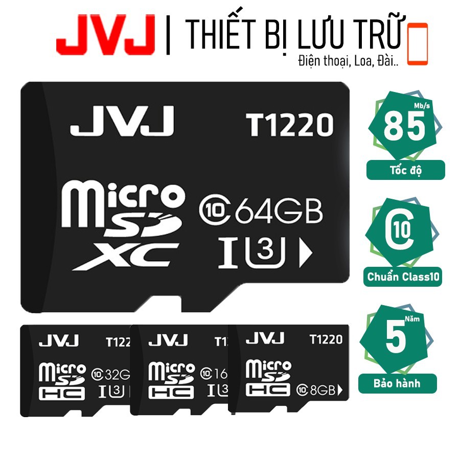 Thẻ nhớ JVJ 64GB/32GB/16GB/8GB/4GB tốc độ cao – thẻ nhớ chuyên dụng điện thoại, thẻ game, máy tính bảng, loa đài, camera BH 5 năm, 1 đổi 1, Samsung, Oppo, Xiaomi, điện thoại android