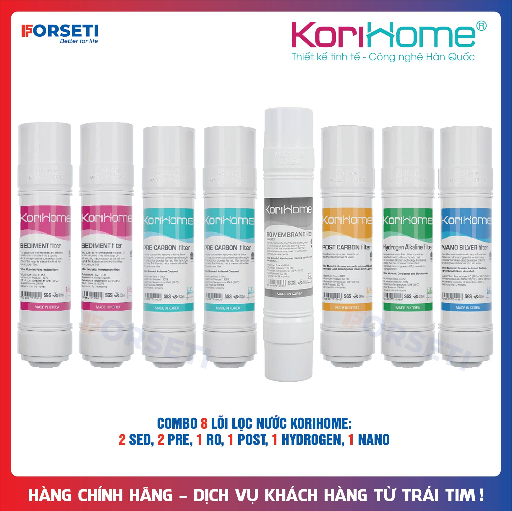 Combo 8 lõi lọc nước Korihome dùng cho máy lọc nước Korihome WPK-606