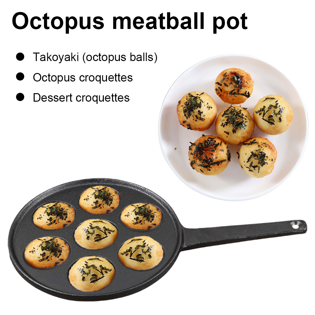 Takoyaki Grill Pan - 14 Hole Cast Iron Pan With Forks & Brush, 17cm Diameter, For Octopus Balls & Snacks