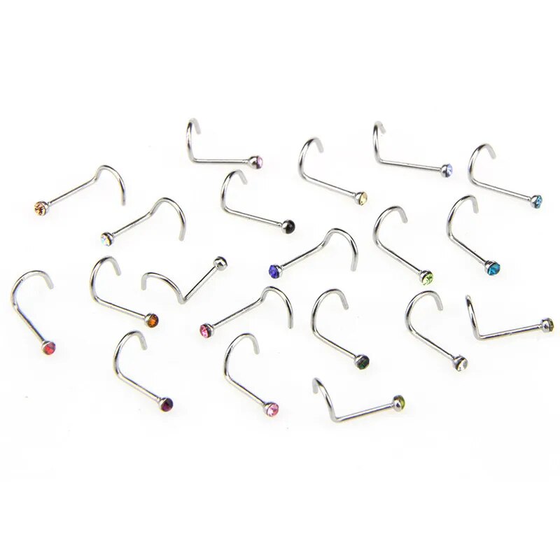 20pcs/lot Stainless Steel Crystal Rhinestone Nose Studs Hooks Bar Pin Nose Rings Body Piercing Jewelry For Women. 