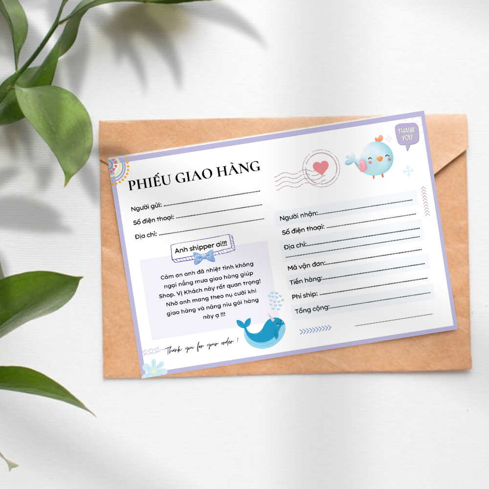 50 tờ Phiếu giấy giao hàng, giấy giao hàng, phiếu ship hàng mẫu hoạt hình cute size 10.5 x 14.5 cm