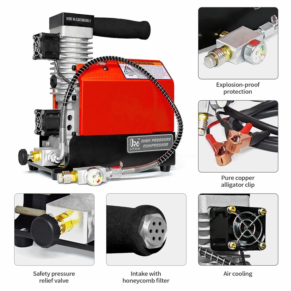 GX PUMP CS2 Portable PCP Air Compressor, 4500Psi/30Mpa, Oil-Free,Powered by  Car 12V DC or Home 110V AC with Adapter (Included), Paintball Tank