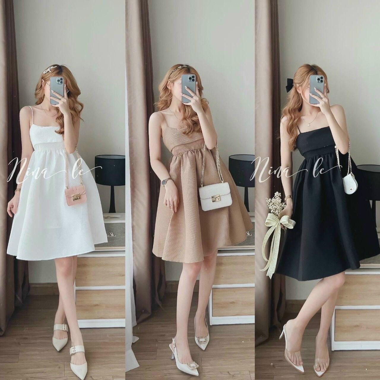 Đầm nữ, đầm 2 dây dáng xòe cột nơ sau lưng (có mút)