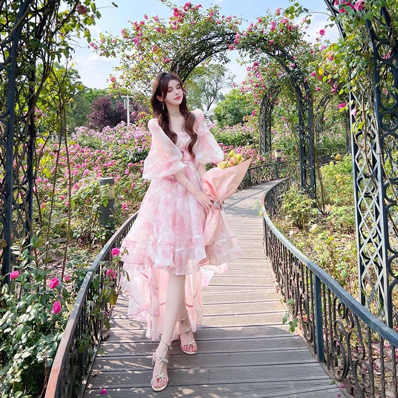 Summer Floral Bubble Sleeve Fairy Pink Dress Formal Long Dress Gown HOT