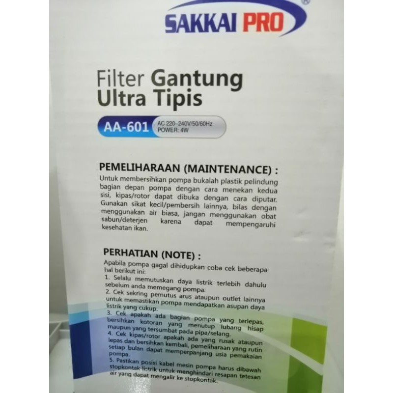 Pompa aquarium aquascape SLIM HANGING FILTER SAKKAI AA 601
