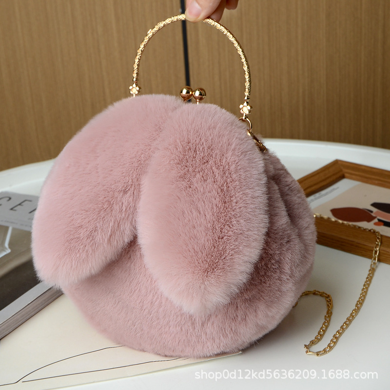 Plush bunny bag bag women's cross-body autumn and winter new chain hand-held fur bag cute cross-body rabbit ear clip bag. 