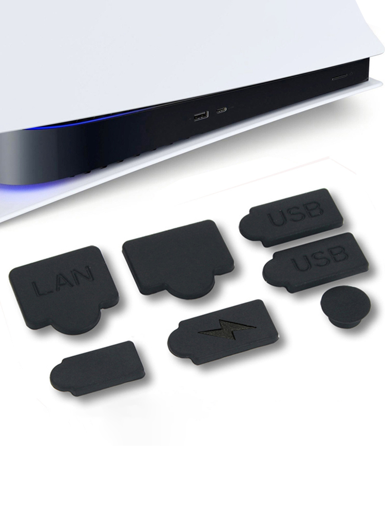 Abaaba 7Pcs Black Silicone Dust Plugs Set USB HDM Interface Anti-dust Cover Dustproof Plug for PS5 Game Console Accessories Parts