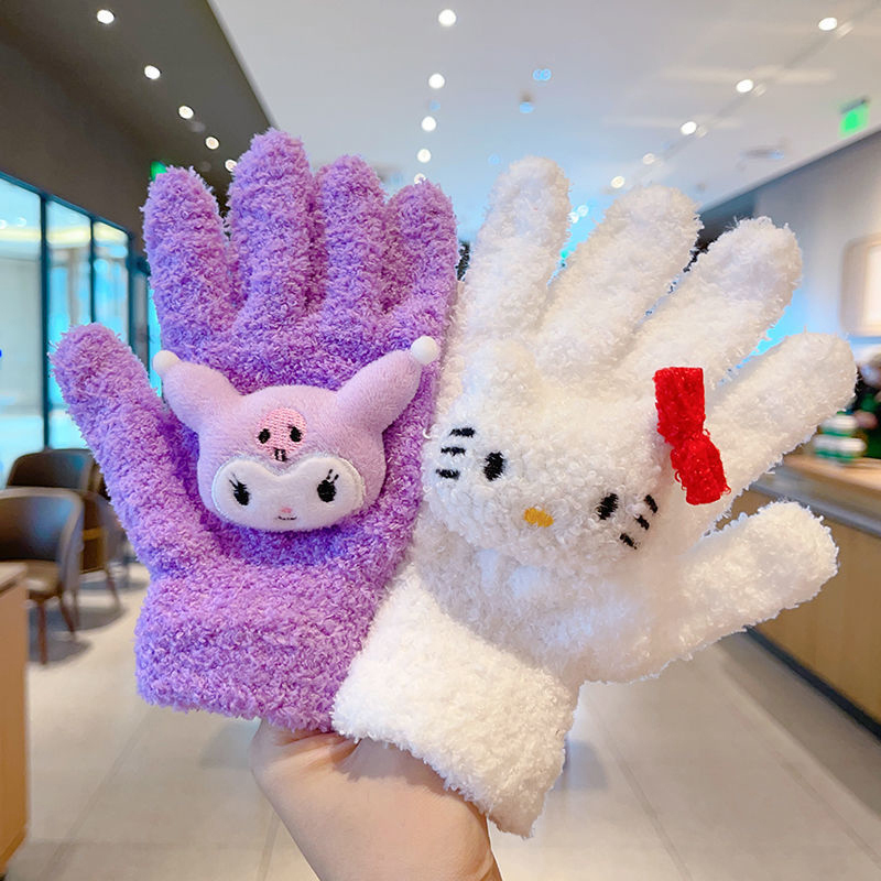 1Pair Kawaii Cute Kuromi Melody Cinnamoroll Kt Cat Gloves Cartoon Five Finger Gloves Fashion Autumn Winter Warm Student Gloves Bayline.