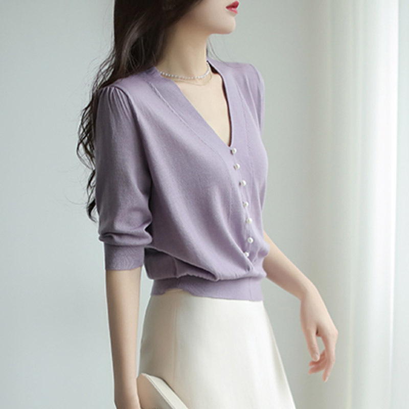 OULINNA Hot New Women's Clothing 2022 Summer Mid-sleeve V-neck Pearl Button Purple Ice Silk Sweater T-shirt Women's Top