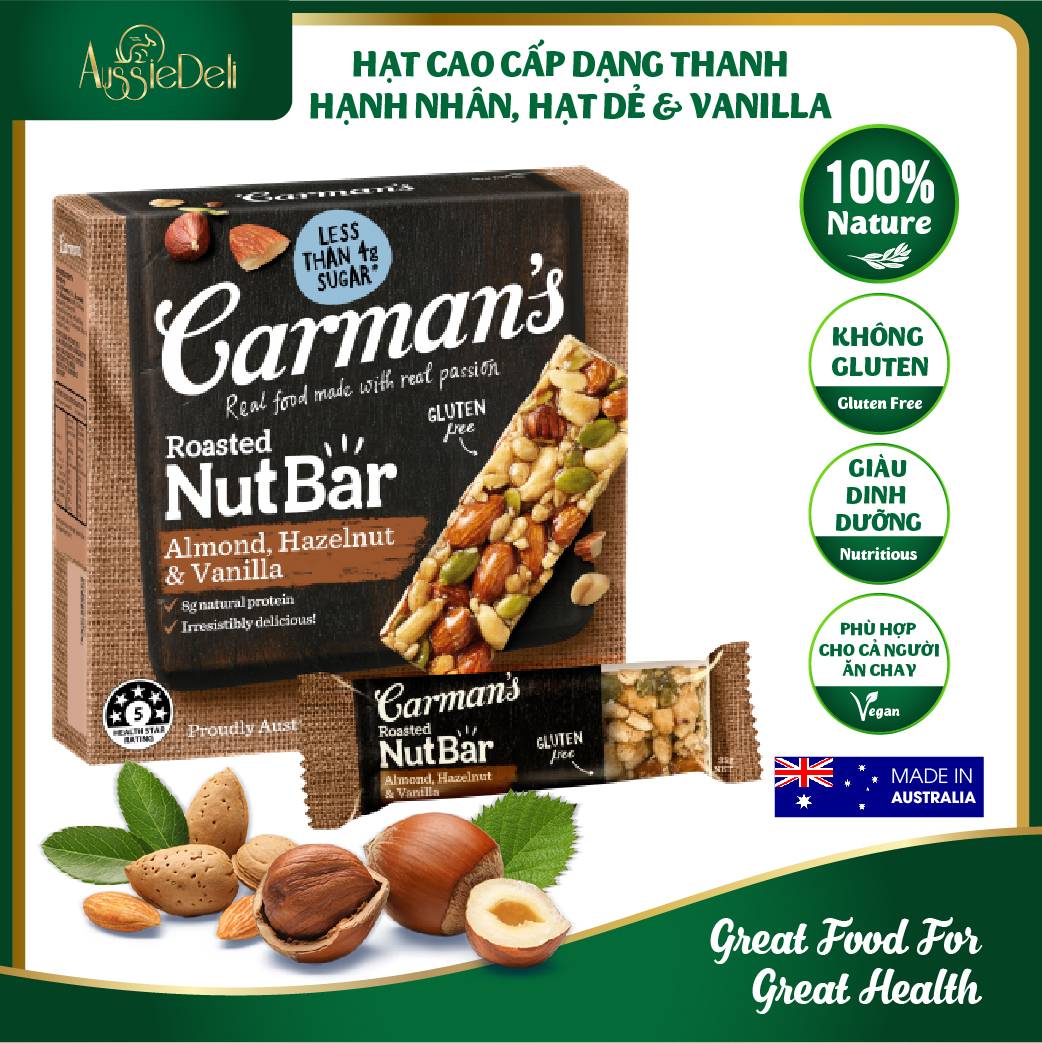 [HCM]Thanh Hạt Carmans Nut Bar Almond Hazelnut & Vanilla - Hạnh Nhân Hạt Phỉ & Vanilla - Hộp 175g thumbnail