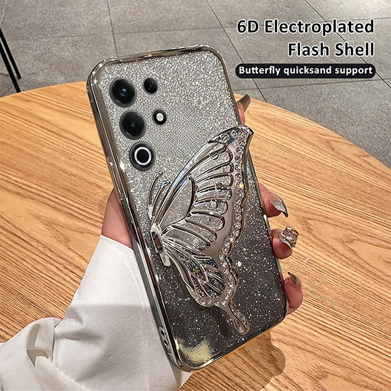 New Phone case itel Super S26 Ultra Back cover Diamonds butterfly holder shiny hourglass of quicksand transparent soft silicone For itel S26 Ultra case.
