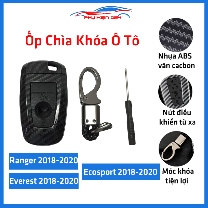 Ốp chìa khóa ô tô everest 2018-2020, ranger 2018-2020, ecosport 2018-2020 vân cacbon, vỏ bọc khóa xe hơi kèm móc khóa inox cao cấp